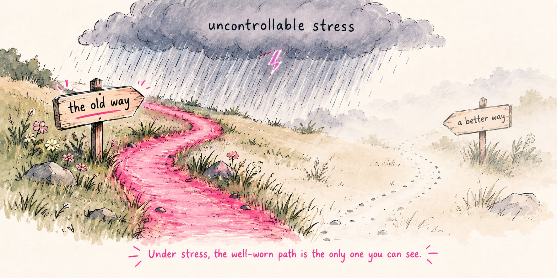A storm cloud labeled uncontrollable stress rains over a fork in a meadow. The old way is a wide, glowing pink path worn deep into the grass. A better way is a faint dotted trail fading into fog. Under stress, the well-worn path is the only one you can see.
