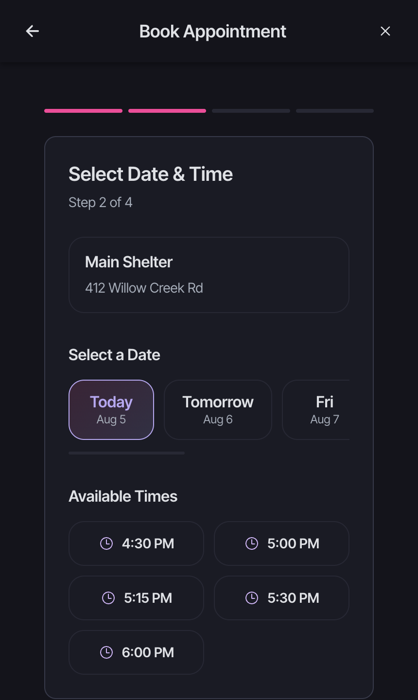 Foster booking screen showing available pickup time slots at Main Shelter